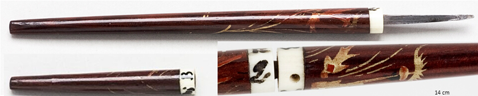 Piercing tool of steel with handle and cap of urushi-coated wood with makie decorations and ivory trimmings.