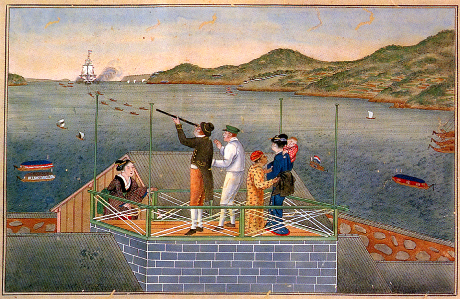  Image depicting three men, two women, and a child (Philipp von Siebold with his Japanese lover Kusumoto Otaki 楠本滝 and baby-daughter Kusumoto Ine, together with Dutch personnel and Japanese woman) standing on a roof in Dejima, looking south to the Bay of Nagasaki, watching rowing boats and observing with a telescope an incoming towed Dutch sailing ship. The mountains of south-west Kyūshū at the horizon. 