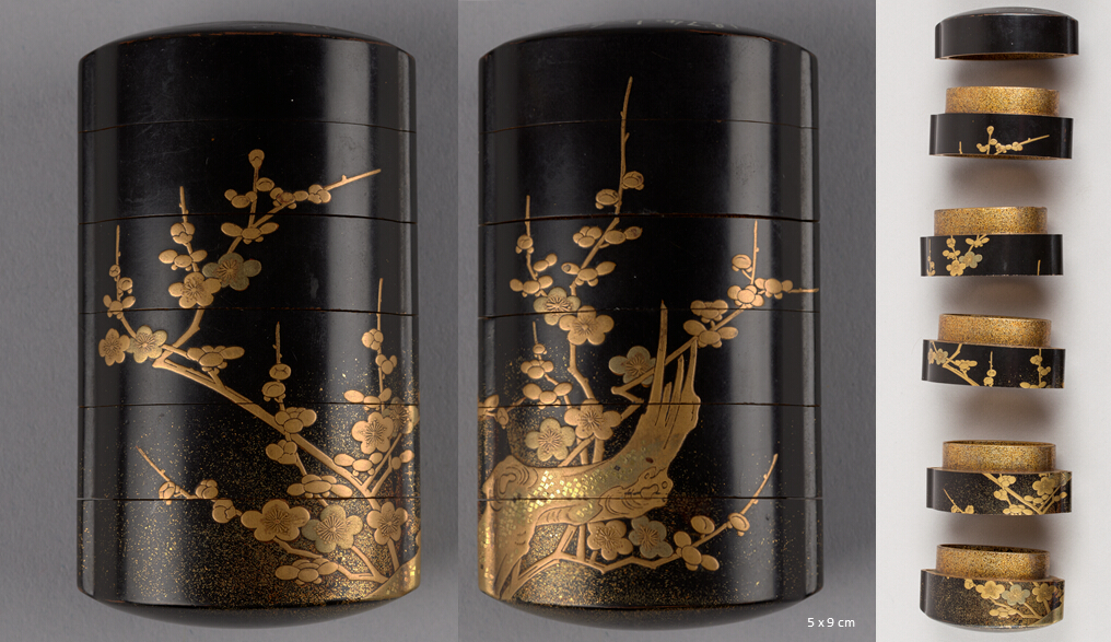 Five-tiered and lidded drug container with a densely scattered pear-skin (nashiji) ground inside and gold and silver kirikane and taka-makie on a thin pear-skin ground on the outside depicting plum foliage.