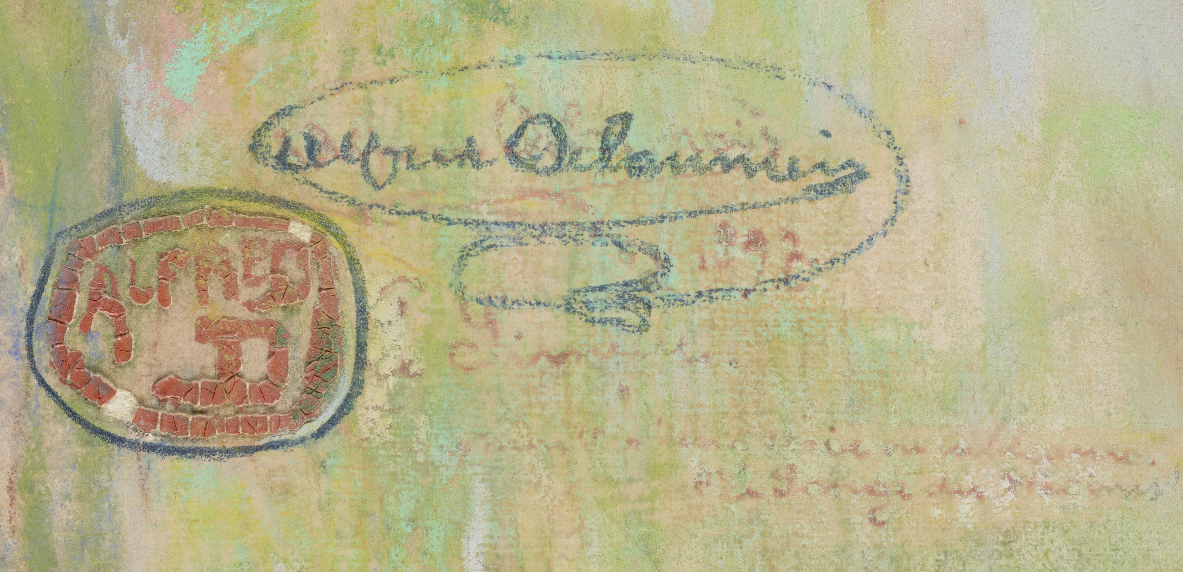 A detail of the signature of the artwork, in red ink, blue coloured pencil, and a monogram in red paint.