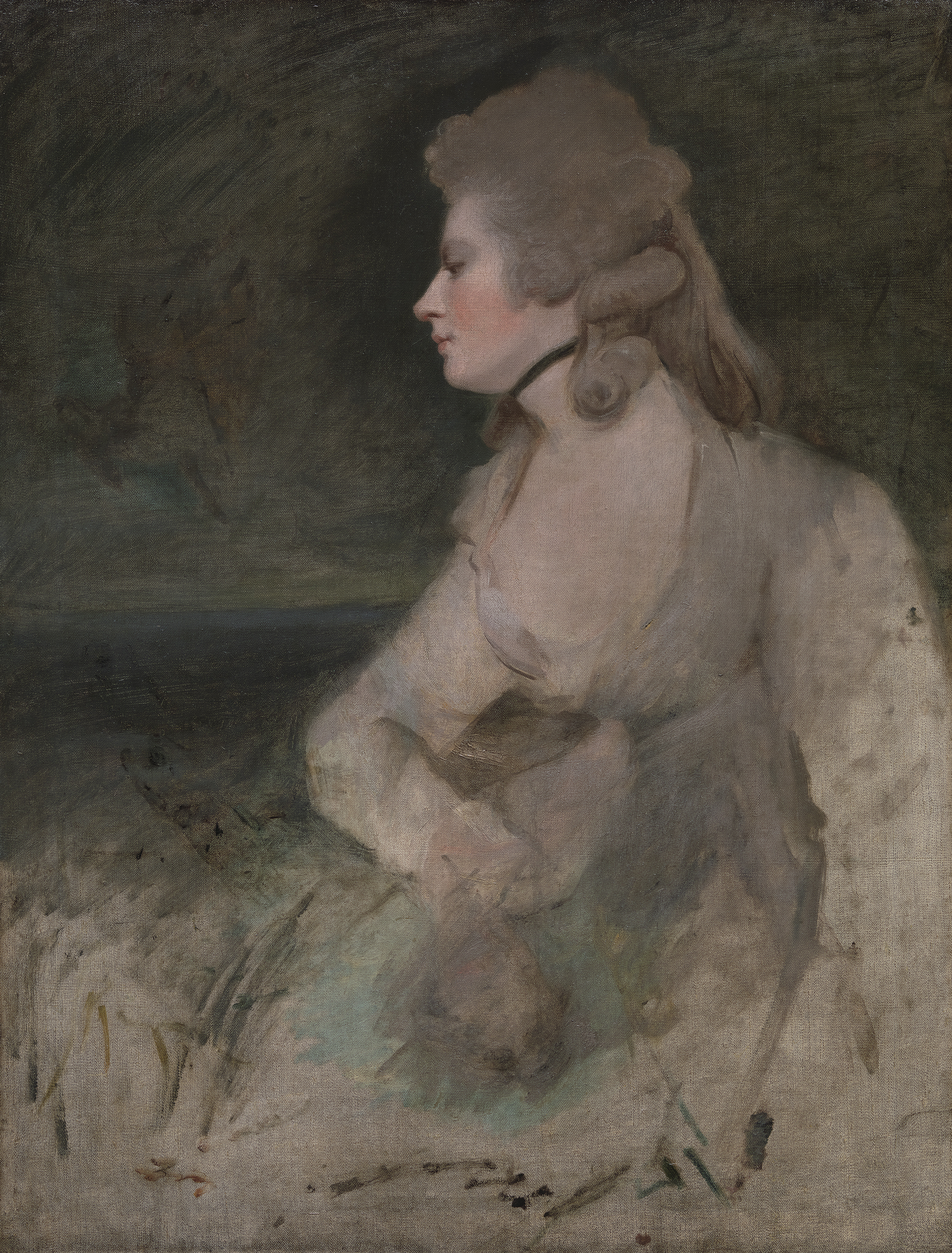 Oil painted half-length profile portrait of woman with long gray curly hair and a gray-green dress before a loosely sketched background.