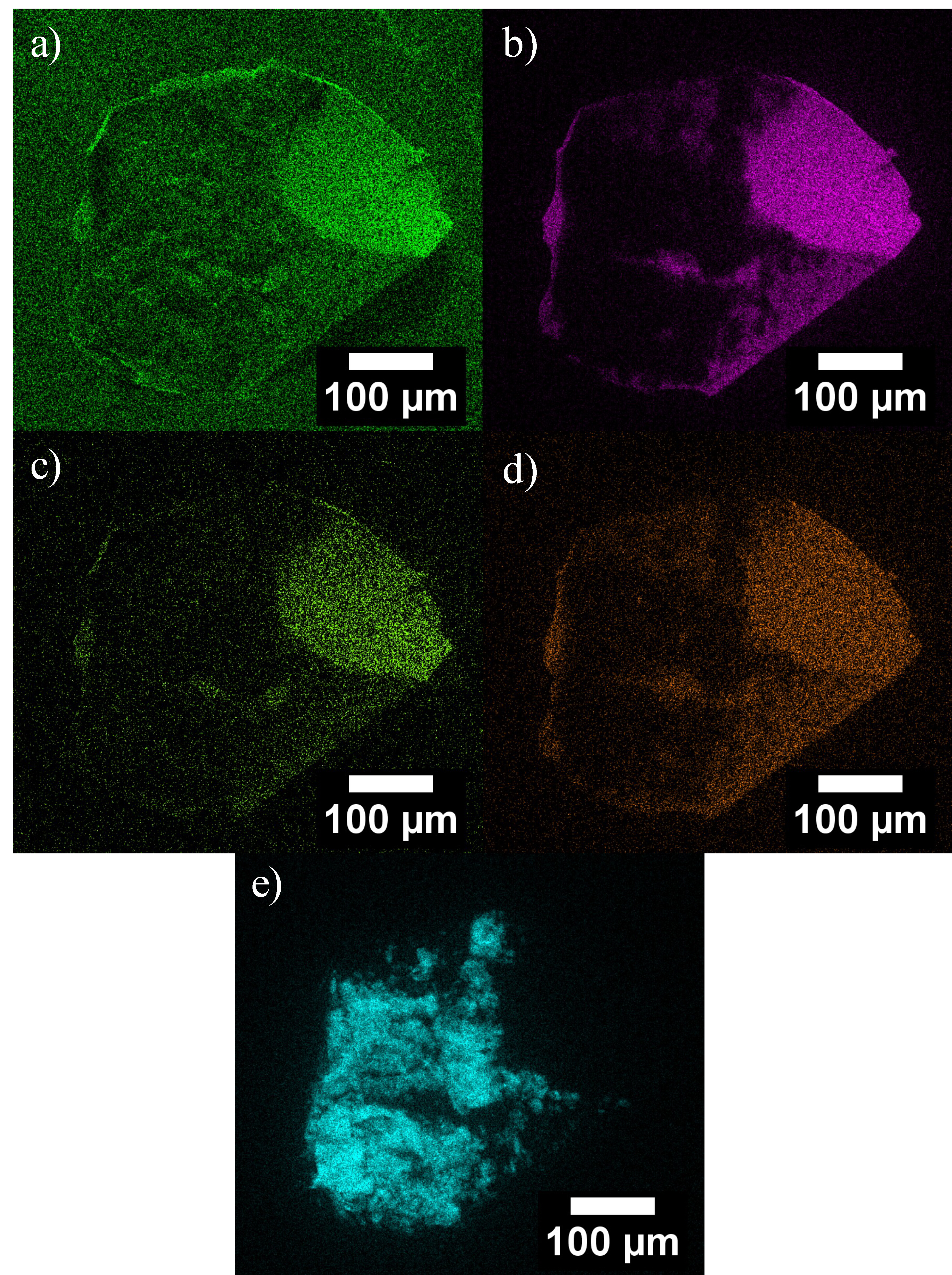 Color-coded elemental maps of a small orotone sample showing the distribution of elements throughout.